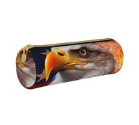 ANABPRMA Brown Bear Trousse cylindrique en cuir pour fournitures scolaires et de bureau avec fermeture éclair, Drapeau américain aigle de feu, Taille unique, Pochette à monnaie