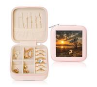 ANABPRMA Last Sun Rays - Boîte à bijoux de voyage carrée pour femme - Petit organisateur de bijoux en cuir avec fermeture éclair et miroir - Étui portable