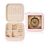 ANABPRMA Law of the Compass - Boîte à bijoux de voyage carrée pour femme - Petit organisateur de bijoux en cuir avec fermeture éclair et miroir - Étui portable