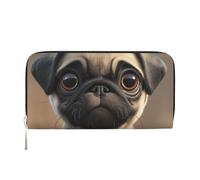 ANABPRMA Night View of The Sea Long portefeuille en cuir pour femme avec fermeture éclair, porte-cartes et poche pour pièces de monnaie, Chiot carlin drôle dessin animé 1, Taille unique