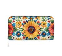ANABPRMA Night View of The Sea Long portefeuille en cuir pour femme avec fermeture éclair, porte-cartes et poche pour pièces de monnaie, Fleurs de style mexicain, Taille unique