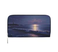 ANABPRMA Night View of The Sea Long portefeuille en cuir pour femme avec fermeture éclair, porte-cartes et poche pour pièces de monnaie, Vue nocturne sur la mer, Taille unique