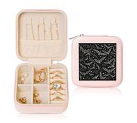 ANABPRMA Petite boîte à bijoux de voyage carrée en cuir avec fermeture éclair et miroir pour femme - Motif chauve-souris volantes d'Halloween
