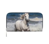 ANABPRMA Portefeuille long en cuir pour femme avec fermeture éclair, porte-cartes et poche pour pièces de monnaie, Cheval blanc courant sur la mer, Taille unique