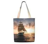 ANABPRMA Sac fourre-tout en toile à motif chinois pour femme - Sac à bandoulière réutilisable, grand sac à main avec fermeture à bouton, Voilier blanc au coucher du soleil, Taille unique