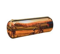 ANABPRMA Shiba Inu Trousse à crayons cylindrique en cuir avec fermeture éclair pour fournitures scolaires et de bureau Motif sourire, Vue rurale du coucher de soleil, Taille unique, Pochette à monnaie