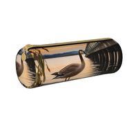 ANABPRMA Trousse à crayons cylindrique en cuir avec fermeture éclair et feuilles de palmier tropicales d'été hawaïennes pour l'école et le bureau, Wild Goose By The Bridge, Taille unique, Pochette à