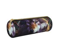 ANABPRMA Trousse à crayons cylindrique en cuir avec fermeture éclair Motif oiseaux assis sur une branche, Loups et attrape-rêves, Taille unique, Pochette à monnaie