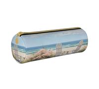 ANABPRMA Trousse à crayons cylindrique en cuir avec fermeture éclair Motif symboles de l'Angleterre, Scène de plage avec chaises, Taille unique, Pochette à monnaie