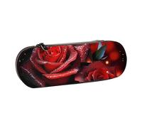 ANABPRMA Trousse à crayons rigide en cuir avec fermeture éclair multi-usage pour papeterie, maquillage ou petits accessoires Bleu doré, Roses rouges., Taille unique, Trousse de beauté
