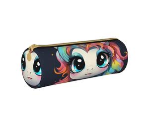 ANABPRMA Trousse cylindrique en cuir avec fermeture éclair et motif tête de mort dans une fleur, Licorne mignonne avec coiffure colorée, Taille unique, Pochette à monnaie