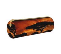 ANABPRMA Trousse cylindrique en cuir de homard de mer pour fournitures scolaires et de bureau avec fermeture éclair, Savane africaine au coucher du soleil, Taille unique, Pochette à monnaie