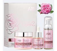 ANAiRUi - Masque d'argile à la rose - Huile de visage à la rose à la vitamine C - Nettoyant moussant à l'eau, kit de soins du visage pour l'hydratation