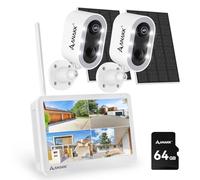Anakk A32 Système de caméra de sécurité solaire sans fil pour l'extérieur, kit de 2 caméras 4 MP 4 MP, moniteur de 10", 64 Go, vision nocturne en couleur, détection de mouvement, enregistrement 24h/24