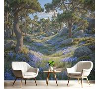 ANALTIRCE 3D Papier Peint Naturellement La Forêt Pins Panoramique intissé, 300×210cm Violet Fleurs Grande Mural, pour Salon, Chambre d'enfant, Chambre Décoration Vert Poster Papier Peint