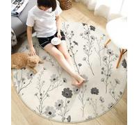 ANALTIRCE Blanc Tapis Rond Salon 80cm, Fleurs Sauvages sans Couture Minimalisme Fleurs Imprimer Tapis de Sol Décoration Antidérapant pour Chambre Cuisine Balcon Terrasse Salle à Manger Intérieur