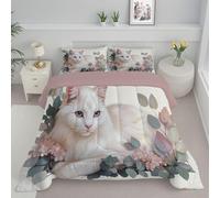 ANALTIRCE Couette 140x200cm Blanc Couette 4 Saisons en Microfibre 1 Personne avec Motif Aquarelle Chat Feuilles Imprimée Animaux Mignons Couettes sans Housse, Lavable Machine et 1 Taie d'oreiller