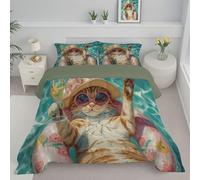 ANALTIRCE Couette 140x200cm Bleu Couette 4 Saisons en Microfibre 1 Personne avec Motif Piscine Chat Orange Imprimée Lumière Abstrait Animaux Couettes sans Housse, Lavable Machine et 1 Taie d'oreiller