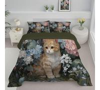 ANALTIRCE Couette 140x200cm Fleurs Chat Orange Couettes pour 1 Personnes, Édredon 200Gsm pour 4 Saisons, Aquarelle Hortensia Couette Imprimée en Microfibre avec 1 Taie d'oreiller 65X65Cm