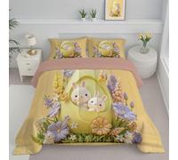 ANALTIRCE Couette 140x200cm Jaune Couette 4 Saisons en Microfibre 1 Personne avec Motif Kawaii Lapin Imprimée Armure Résurrection Œuf Fleur Couettes sans Housse, Lavable Machine et 1 Taie d'oreiller