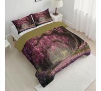 ANALTIRCE Couette 140x200cm Motifs Cerisiers en Fleurs Routes, Couette Imprimée Printemps Forêt Duvet 1 Personne, Edredon sans Housse Lavable 4 Saisons avec 1 Taies D’Oreiller 65x65cm