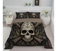 ANALTIRCE Couette 200x200cm Motifs Crâne Maléfique, Couette Imprimée Halloween Grain Bois Duvet 2 Personne, Edredon sans Housse Lavable 4 Saisons avec 2 Taies D’Oreiller 65x65cm