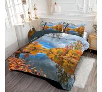ANALTIRCE Couette 200x200cm Motifs Forêt Lac, Couette Imprimée Nature Feuilles Plantes Duvet 2 Personne, Edredon sans Housse Lavable 4 Saisons avec 2 Taies D’Oreiller 65x65cm