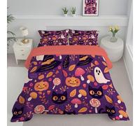 ANALTIRCE Couette 240x220cm Motifs Fantôme, Couette Imprimée Champignons Halloween Duvet 2 Personne, Edredon sans Housse Lavable 4 Saisons avec 2 Taies D’Oreiller 65x65cm