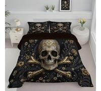 ANALTIRCE Couette 240x220cm Motifs Luxe Crâne, Couette Imprimée Fougères Fleurs Duvet 2 Personne, Edredon sans Housse Lavable 4 Saisons avec 2 Taies D’Oreiller 65x65cm