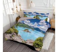 ANALTIRCE Couette 264x230cm Motifs Montagnes Îles, Couette Imprimée Ciel Bleu Nuages Blancs Duvet 2 Personne, Edredon sans Housse Lavable 4 Saisons avec 2 Taies D’Oreiller 65x65cm