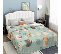 ANALTIRCE Couverture Polaire en Flanelle Vert, Motif Chat Dessin Animé Chaud et Doux Couverture avec Animaux Dessinés À La Main Légère Confortable Plaid en Peluche pour Garçons 220 × 240 cm