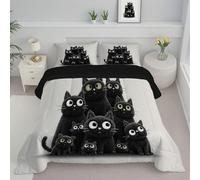 ANALTIRCE Dessin Animé Chat Noir Couette 4 Saisons, Édredon Lit 1 Personnes 140x200cm, Lavable Edredon Toutes Les Saisons en Microfibre, Anime Animaux Couette d'hiver avec 1 Taie d'oreiller