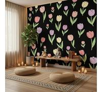 ANALTIRCE Papier Peint 3D Panoramique Dessin Animé Fleurs 200×140 cm Papier Peint Intissé Mural Simple Tulip pour Salon TV Fond Décoration,Noir