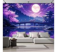 ANALTIRCE Papier Peint Intissé Fantaisie Fleurs Cerisier, Papier Peint Panoramique Motif Pont Ancien Vue Nocturne, Fresque Murale 352×250 cm, Décoration Murale XXL Pour Salon, Chambre, Bureau