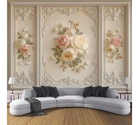 ANALTIRCE Papier Peint Intissé Mural Photo 100×70cm Motif Pivoine Baroque Panoramique Poster Fresque Style Européen Floral Murale Maison Bureau Restaurant, Crème Décoration Murale Papier Peint