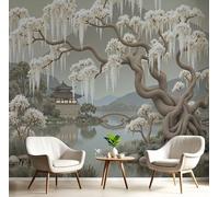 ANALTIRCE Papier Peint Panoramique 150×105cm, Revêtement Résumé Jardin, 3D Motif Chinois Saule Mural Poster Geant Murale Décoration pour Chambre Salon Couloir Bureau Cuisine Chambre Gris