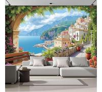 ANALTIRCE Papier Peint Panoramique 3d Méditerranée Architecture 300×210 cm, Revêtement Décoration Murale Salon Ville Balnéaire Fleurs, Décoration XL Murale Non Tissé Chambre TV mur