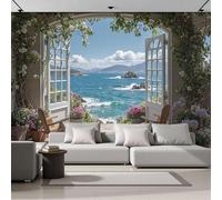 ANALTIRCE Papier Peint Panoramique 3d Méditerranée Paysage 500×350 cm, Revêtement Décoration Murale Salon Par Fenêtre Vue Sur Mer, Décoration XXL Murale Non Tissé Chambre TV mur
