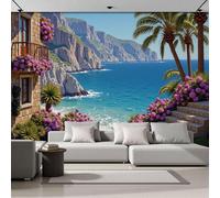 ANALTIRCE Papier Peint Panoramique 3d Nature Fleurs Paysage 352×250 cm, Revêtement Décoration Murale Salon Mer Méditerranée Côte, Décoration XXL Murale Non Tissé Chambre TV mur