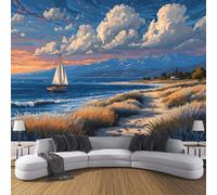 ANALTIRCE Papier Peint Panoramique Abstrait Plage 300×210 cm - Décoration Murale Vue Sur La Mer Herbes Sauvages, Murales XL Papier Peint Intissé pour Chambre Salon, Poster Tableaux Photo Muraux