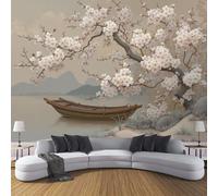 ANALTIRCE Papier Peint Panoramique Classique Fleur Prunier, 3D Papier Peint Intissé Bateau Bois Chinois Fresque Murale, 352×250 cm Poster Geant Mural pour Salon Chambre Décoration