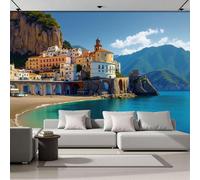 ANALTIRCE Papier Peint Panoramique Côte Romantique Petite Ville, Papier Peint Mer Méditerranée Plage, Fresque Murale Intissée Bleu Non Tissé Décoration Murale Pour Salon, Chambre, Bureau 200×140 cm