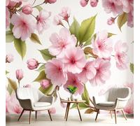 ANALTIRCE Papier Peint Panoramique Fleurs Cerisier Feuilles Vertes 300×210 cm - Décoration Murale Nature Fleurs, Murales XL Papier Peint Intissé pour Chambre Salon, Poster Tableaux Photo Muraux