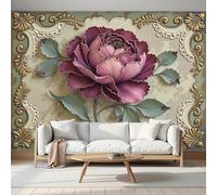 ANALTIRCE Papier Peint Panoramique Fleurs D'Un Violet Profond 300×210 cm Papier Peint Murale in Intissé Vert, Poster Geant Rétro Classique Floral, pour Salon Chambre Restaurant Décoration Murale