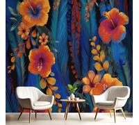 ANALTIRCE Papier Peint Panoramique Fleurs Tropicales, Papier Peint Fleurs D'Hibiscus Éclatantes, Fresque Murale Intissée Bleu Royal Non Tissé Décoration Murale Pour Salon, Chambre, Bureau 250×175 cm