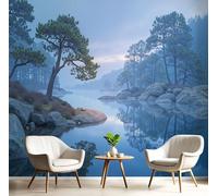 ANALTIRCE Papier Peint Panoramique Lac Enveloppé Brume, Papier Peint Nature Forêt, Fresque Murale Intissée Bleu Non Tissé Décoration XXL Murale Pour Salon, Chambre, Bureau 350× 256cm