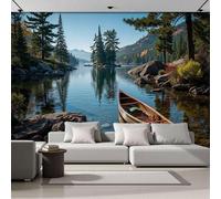 ANALTIRCE Papier Peint Panoramique Le Canoë Est Amarré Sur Le Lac, Papier Peint Nature Forêt, Fresque Murale Intissée Vert Non Tissé Décoration Murale Pour Salon, Chambre, Bureau 200×140 cm