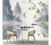 ANALTIRCE Papier Peint Panoramique Style Chinois Petit Bateau Sur Le Lac Montagne Abstraite 250×175 cm, Papier Peint Géant 3D Salon Chambre Salle à Manger Chambre d'Enfant Décoration Murale