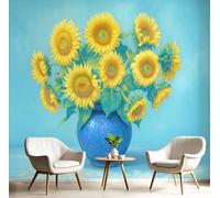ANALTIRCE Papier Peint Panoramique Tournesol Vase, Papier Peint Nature Morte Fleurs, Fresque Murale Intissée Bleu Non Tissé Décoration XL Murale Pour Salon, Chambre, Bureau 300×210 cm