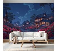 ANALTIRCE Papier Peint Panoramique Une Campagne Paisible, Papier Peint Mural Photo Motif Style Japonais Architecture, Tapisserie Panoramique Salon Bleu, Décoration Murale Chambre, 450×315 cm